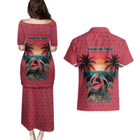 Trinidad and Tobago Flamingos Sunset Couples Matching Puletasi and Hawaiian Shirt with Tribal Masks and Red Star Pattern - Wonder Print Shop