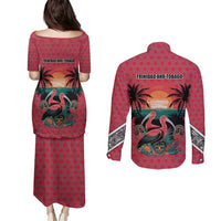 Trinidad and Tobago Flamingos Sunset Couples Matching Puletasi and Long Sleeve Button Shirt with Tribal Masks and Red Star Pattern - Wonder Print Shop