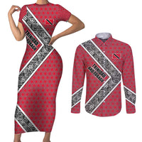 Trinidad and Tobago Flamingos Sunset Couples Matching Short Sleeve Bodycon Dress and Long Sleeve Button Shirt with Tribal Masks and Red Star Pattern - Wonder Print Shop
