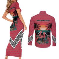 Trinidad and Tobago Flamingos Sunset Couples Matching Short Sleeve Bodycon Dress and Long Sleeve Button Shirt with Tribal Masks and Red Star Pattern - Wonder Print Shop