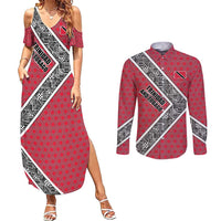 Trinidad and Tobago Flamingos Sunset Couples Matching Summer Maxi Dress and Long Sleeve Button Shirt with Tribal Masks and Red Star Pattern - Wonder Print Shop