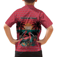 Trinidad and Tobago Flamingos Sunset Family Matching Off The Shoulder Long Sleeve Dress and Hawaiian Shirt with Tribal Masks and Red Star Pattern - Wonder Print Shop