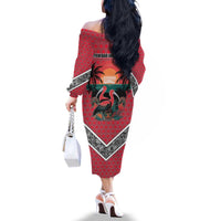 Trinidad and Tobago Flamingos Sunset Family Matching Off The Shoulder Long Sleeve Dress and Hawaiian Shirt with Tribal Masks and Red Star Pattern - Wonder Print Shop