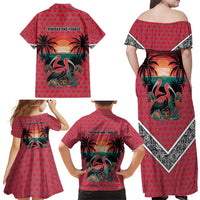 Trinidad and Tobago Flamingos Sunset Family Matching Off Shoulder Maxi Dress and Hawaiian Shirt with Tribal Masks and Red Star Pattern - Wonder Print Shop
