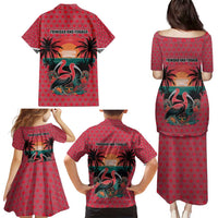 Trinidad and Tobago Flamingos Sunset Family Matching Puletasi and Hawaiian Shirt with Tribal Masks and Red Star Pattern - Wonder Print Shop
