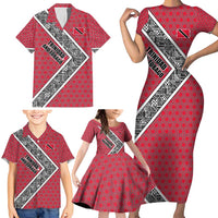 Trinidad and Tobago Flamingos Sunset Family Matching Short Sleeve Bodycon Dress and Hawaiian Shirt with Tribal Masks and Red Star Pattern - Wonder Print Shop