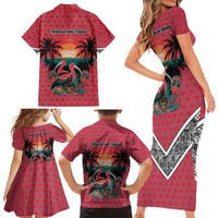 Trinidad and Tobago Flamingos Sunset Family Matching Short Sleeve Bodycon Dress and Hawaiian Shirt with Tribal Masks and Red Star Pattern - Wonder Print Shop