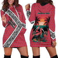 Trinidad and Tobago Flamingos Sunset Hoodie Dress with Tribal Masks and Red Star Pattern - Wonder Print Shop