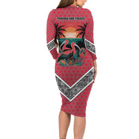 Trinidad and Tobago Flamingos Sunset Long Sleeve Bodycon Dress with Tribal Masks and Red Star Pattern - Wonder Print Shop