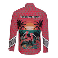 Trinidad and Tobago Flamingos Sunset Long Sleeve Button Shirt with Tribal Masks and Red Star Pattern - Wonder Print Shop