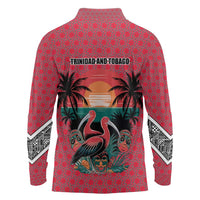 Trinidad and Tobago Flamingos Sunset Long Sleeve Polo Shirt with Tribal Masks and Red Star Pattern - Wonder Print Shop