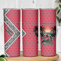 Trinidad and Tobago Flamingos Sunset Skinny Tumbler with Tribal Masks and Red Star Pattern - Wonder Print Shop