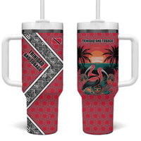 Trinidad and Tobago Flamingos Sunset Tumbler With Handle with Tribal Masks and Red Star Pattern - Wonder Print Shop