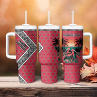 Trinidad and Tobago Flamingos Sunset Tumbler With Handle with Tribal Masks and Red Star Pattern - Wonder Print Shop