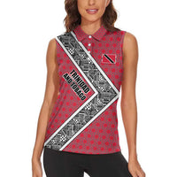 Trinidad and Tobago Flamingos Sunset Women Sleeveless Polo Shirt with Tribal Masks and Red Star Pattern - Wonder Print Shop