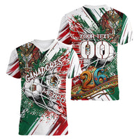 Personalized Mexico Football Ganadores Women V-Neck T-Shirt Aztec Jaguar Cultural Heritage Soccer Art