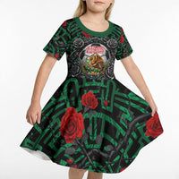 Mexico Football Golden Eagle Champions Kid Short Sleeve Dress Aztec Geometric Pattern Red Rose