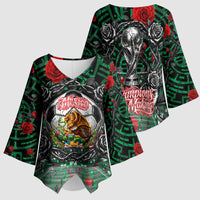 Mexico Football Golden Eagle Champions Kimono Sleeve Blouse Aztec Geometric Pattern Red Rose