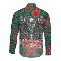 Mexico Football Golden Eagle Champions Long Sleeve Button Shirt Aztec Geometric Pattern Red Rose