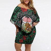 Mexico Football Golden Eagle Champions Off Shoulder Short Dress Aztec Geometric Pattern Red Rose