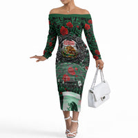 Mexico Football Golden Eagle Champions Off The Shoulder Long Sleeve Dress Aztec Geometric Pattern Red Rose