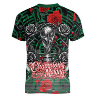 Mexico Football Golden Eagle Champions Women V-Neck T-Shirt Aztec Geometric Pattern Red Rose