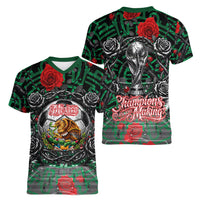 Mexico Football Golden Eagle Champions Women V-Neck T-Shirt Aztec Geometric Pattern Red Rose