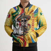 Personalized Mexico Football Victoria Sugar Skull Bomber Puffer Jacket Dia De Los Muertos Cultural Art Sunburst