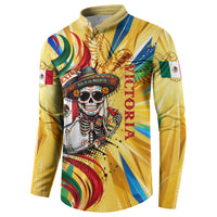 Personalized Mexico Football Victoria Sugar Skull Button Sweatshirt Dia De Los Muertos Cultural Art Sunburst