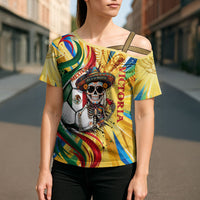 Personalized Mexico Football Victoria Sugar Skull Cross Shoulder Shirt Dia De Los Muertos Cultural Art Sunburst