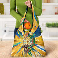 Personalized Mexico Football Victoria Sugar Skull Grocery Bag Dia De Los Muertos Cultural Art Sunburst