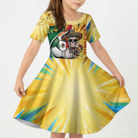 Personalized Mexico Football Victoria Sugar Skull Kid Short Sleeve Dress Dia De Los Muertos Cultural Art Sunburst