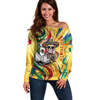 Personalized Mexico Football Victoria Sugar Skull Off Shoulder Sweater Dia De Los Muertos Cultural Art Sunburst