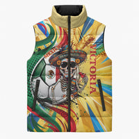 Personalized Mexico Football Victoria Sugar Skull Sleeveless Puffer Jacket Dia De Los Muertos Cultural Art Sunburst