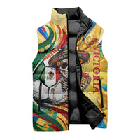 Personalized Mexico Football Victoria Sugar Skull Sleeveless Puffer Jacket Dia De Los Muertos Cultural Art Sunburst