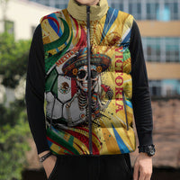 Personalized Mexico Football Victoria Sugar Skull Sleeveless Puffer Jacket Dia De Los Muertos Cultural Art Sunburst