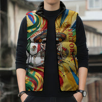 Personalized Mexico Football Victoria Sugar Skull Sleeveless Puffer Jacket Dia De Los Muertos Cultural Art Sunburst