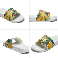 Personalized Mexico Football Victoria Sugar Skull Slide Sandals Dia De Los Muertos Cultural Art Sunburst