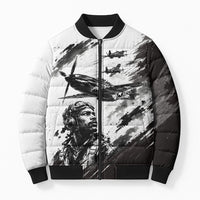Personalized Tuskegee Airmen Bomber Puffer Jacket Black And White Grunge WWII Aviation Art