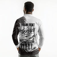 Personalized Tuskegee Airmen Long Sleeve Polo Shirt Black And White Grunge WWII Aviation Art