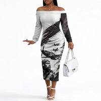 Personalized Tuskegee Airmen Off The Shoulder Long Sleeve Dress Black And White Grunge WWII Aviation Art
