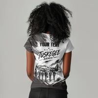 Personalized Tuskegee Airmen Women V-Neck T-Shirt Black And White Grunge WWII Aviation Art
