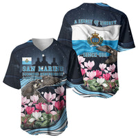 San Marino Founding Anniversary Baseball Jersey Freedom Peregrine Falcon - Cyclamen Flowers Towers Flag