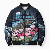 San Marino Founding Anniversary Bomber Puffer Jacket Freedom Peregrine Falcon - Cyclamen Flowers Towers Flag