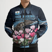 San Marino Founding Anniversary Bomber Puffer Jacket Freedom Peregrine Falcon - Cyclamen Flowers Towers Flag