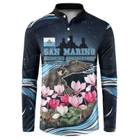 San Marino Founding Anniversary Button Sweatshirt Freedom Peregrine Falcon - Cyclamen Flowers Towers Flag