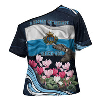 San Marino Founding Anniversary Cross Shoulder Shirt Freedom Peregrine Falcon - Cyclamen Flowers Towers Flag