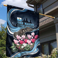 San Marino Founding Anniversary Garden Flag Freedom Peregrine Falcon - Cyclamen Flowers Towers Flag