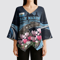 San Marino Founding Anniversary Kimono Sleeve Blouse Freedom Peregrine Falcon - Cyclamen Flowers Towers Flag