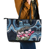 San Marino Founding Anniversary Leather Tote Bag Freedom Peregrine Falcon - Cyclamen Flowers Towers Flag